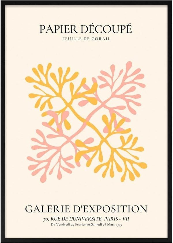 Colorful abstract coral-like flower design with "Papier Découpé" text on a beige background.
