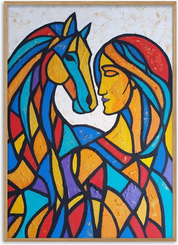 Connection in Color by Igor Kotnik Art - woman and horse leaning together in a colourful stained-glass mosaic