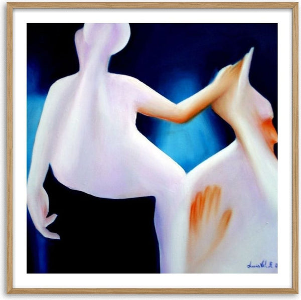 Contact #3 by Luis Valquaresma - two pale figures turning against electric blue and black with an orange hand