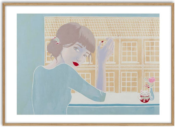 Illustration of a woman with red lips by a window, overlooking yellow Copenhagen buildings; art by Christine Buchholtz.