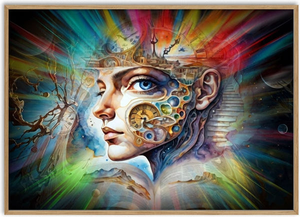 Cosmic Visions 3 by Walter Zettl - profile face opened to clocks and cogs under a burst of red, green and blue rays