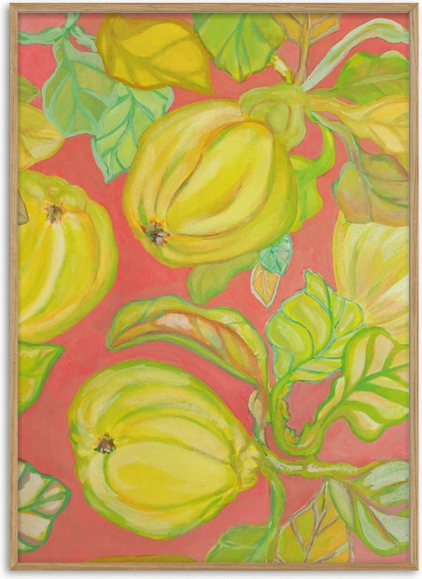 Cotogna con foglie by Maria Emanuela Fiori - yellow quinces among green and ochre leaves on coral pink