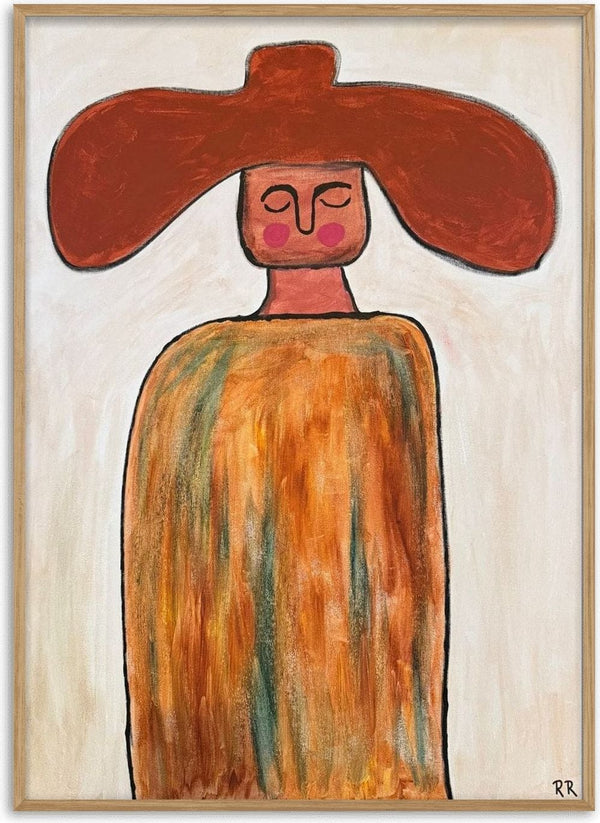 Cowboy by RR - a figure under a broad rust-red hat in an orange cloak on a cream ground