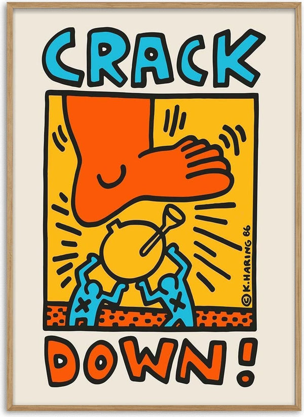 Illustration from Crack Down by Keith Haring showing a foot stomping on a siren held by two blue figures.