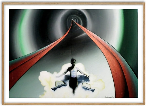 Crashing Man by Luis Valquaresma - a small figure beneath a rust red arch and radiating grey-green rings