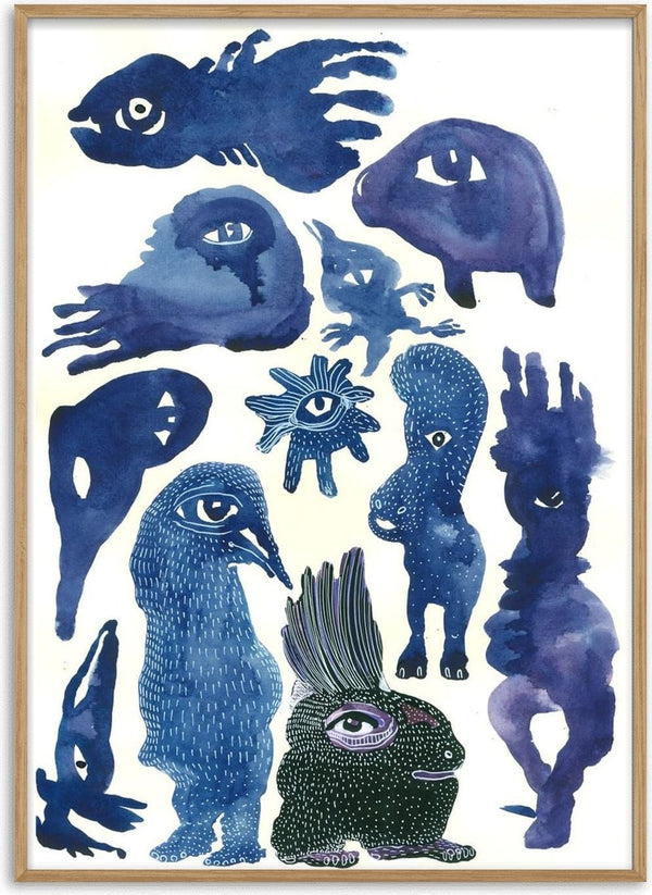 Creatures 2 by Lena Galé - twelve invented one-eyed creatures in blue watercolour