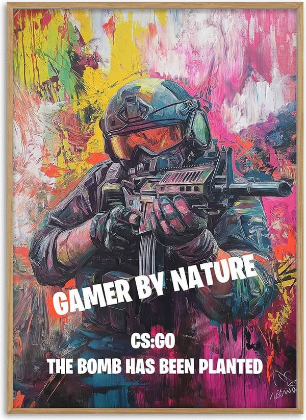 Colorful CS:GO poster featuring a soldier with rifle and text: "Gamer by Nature, CS:GO, The Bomb Has Been Planted."