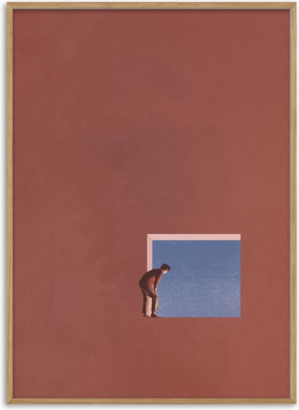 Surreal art print of a person peering into a blue window on a vast reddish background, by Maarten Léon.
