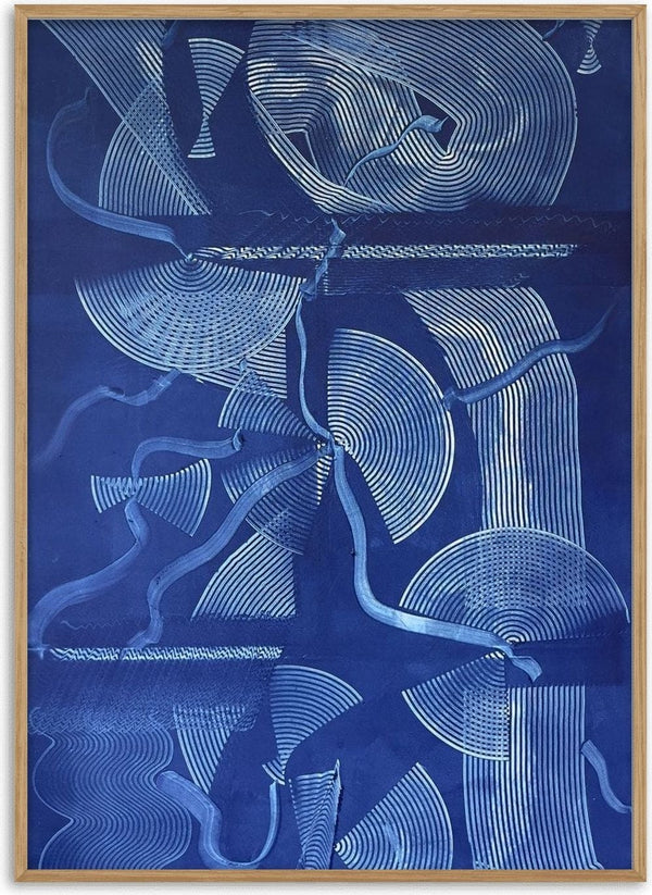 Curved lines / blue field by Linor Citaku - fans and combed white lines scratched into a deep cobalt ground