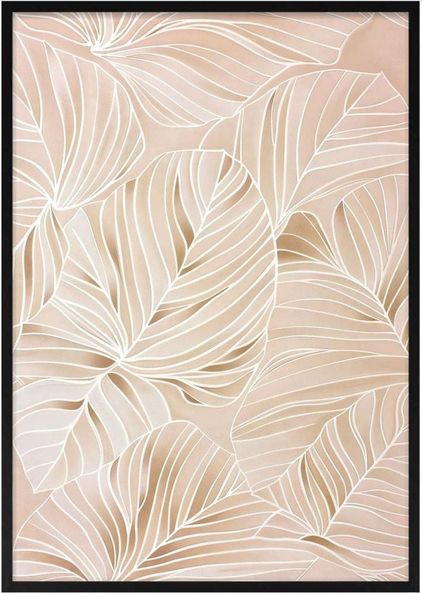 Delicate white leaf patterns on a soft beige background, part of the Dance of Existence collection.
