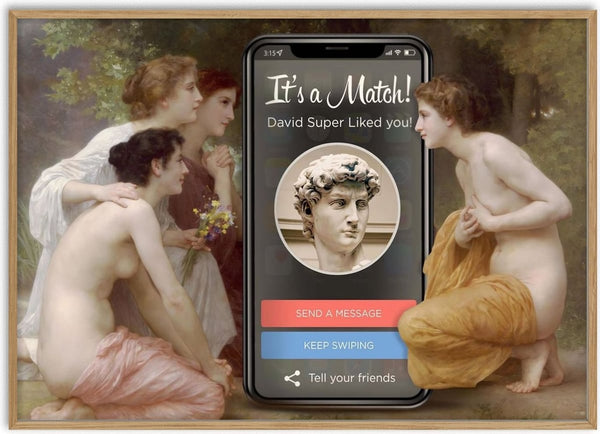 David Match by Dikhotomy - women in draped cloth around a giant phone showing a dating app match with the statue of David