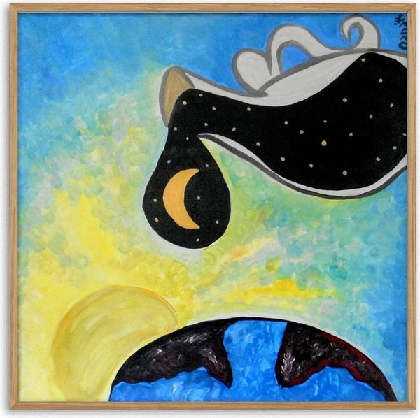 Day into night by A Sleepy Spirit Art - black shapes and a gold crescent moon over a blue and yellow wash