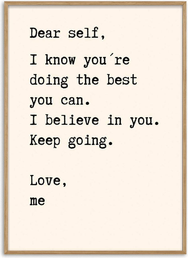Minimalist Dear Self Citat Plakat with motivational black typewritten text on a beige background.