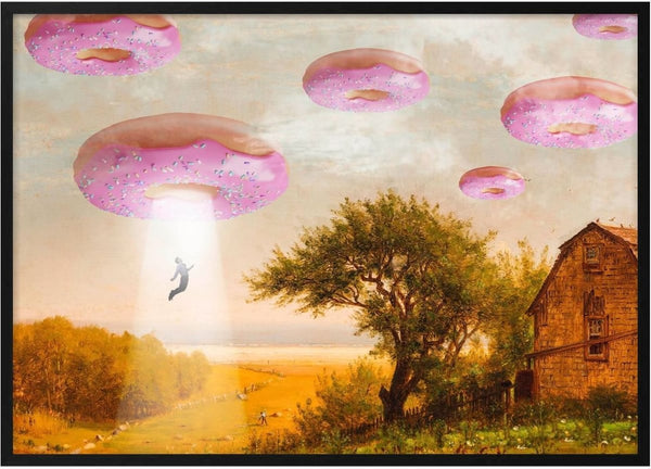 Donut Invasion by Dikhotomy - pink donuts as flying saucers over a golden landscape