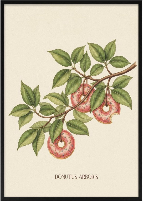Illustration of Donutus Arboris branch with donut-shaped fruit and green leaves on a light background.