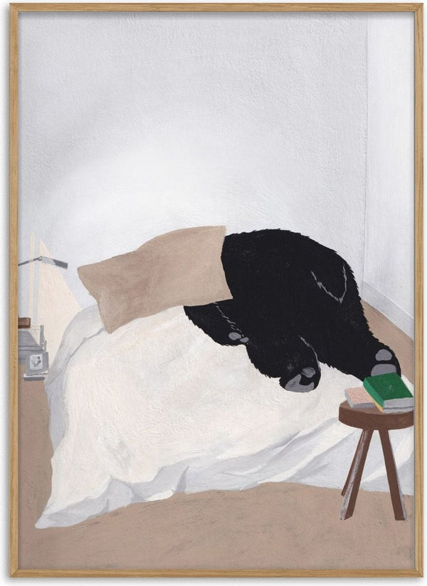 Dream department by Jaron Su - black bear asleep on a white bed