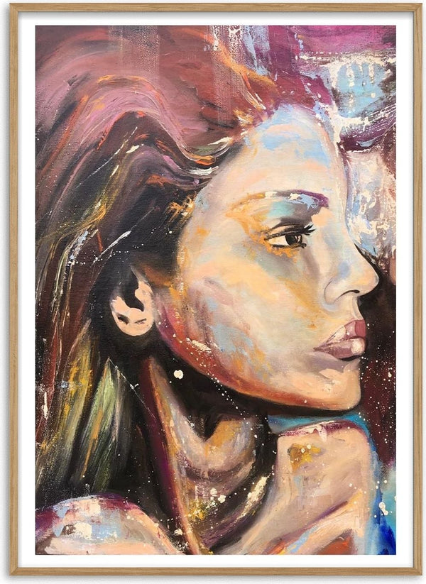 Colorful portrait painting of a woman gazing thoughtfully, featured on Dreaming of you by Martina Karlsson.