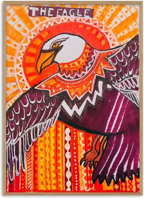 Eagle in the sky by ALEX - patterned bald eagle with purple wings in front of an orange sun