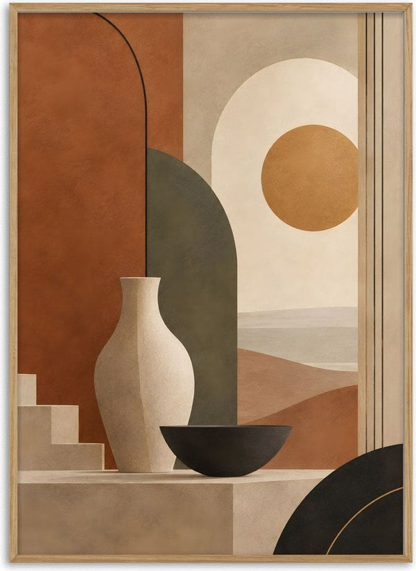 Earth Tones and Minimalist Shapes by TimlessArtworks - a cream vase and black bowl on grey steps