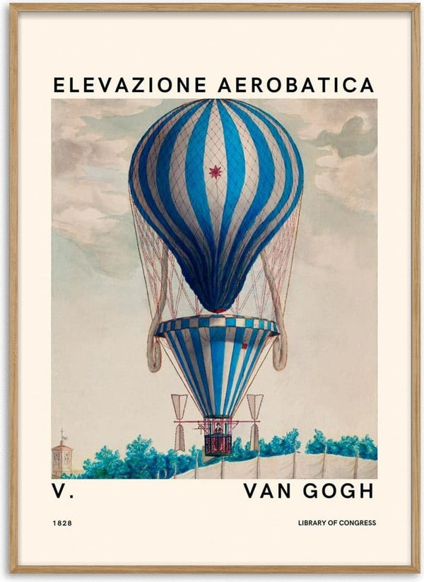 Vintage illustration of a blue and white striped hot air balloon flying, labeled Elevazione Aerobatica by Van Gogh.