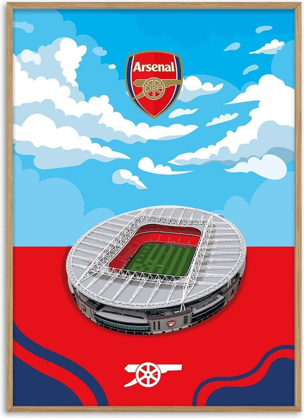 Illustration of Emirates Stadium under a sky with clouds, Arsenal logo above, and cannon emblem below.
