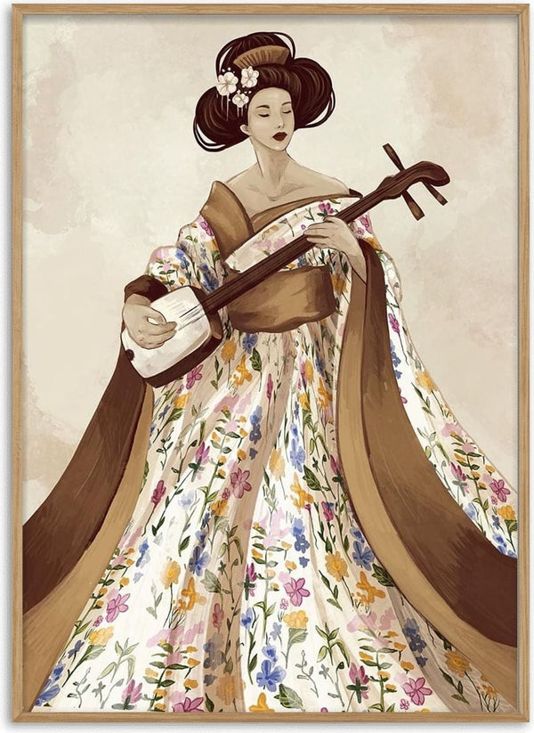 Geisha in a floral kimono playing shamisen, elegant watercolor style for Eton x Geisha - Kate Aitana product page.
