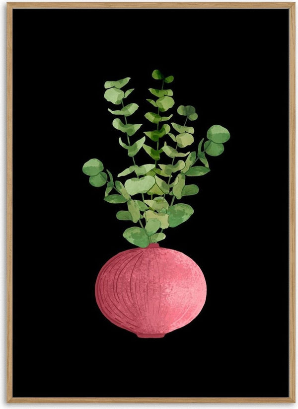 Eucalyptus in pink vase by Creationsbyeditabrus - green eucalyptus stems in a pink vase on black