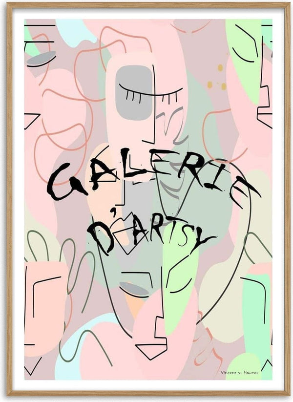Abstract pastel artwork with outlined faces, "Galerie D'Artsy" text, by Vincent von Hauzer for Eyes Wide Shut.
