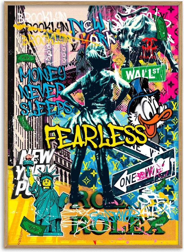 Colorful urban collage featuring the Fearless Girl statue, graffiti text "FEARLESS," and pop art elements.