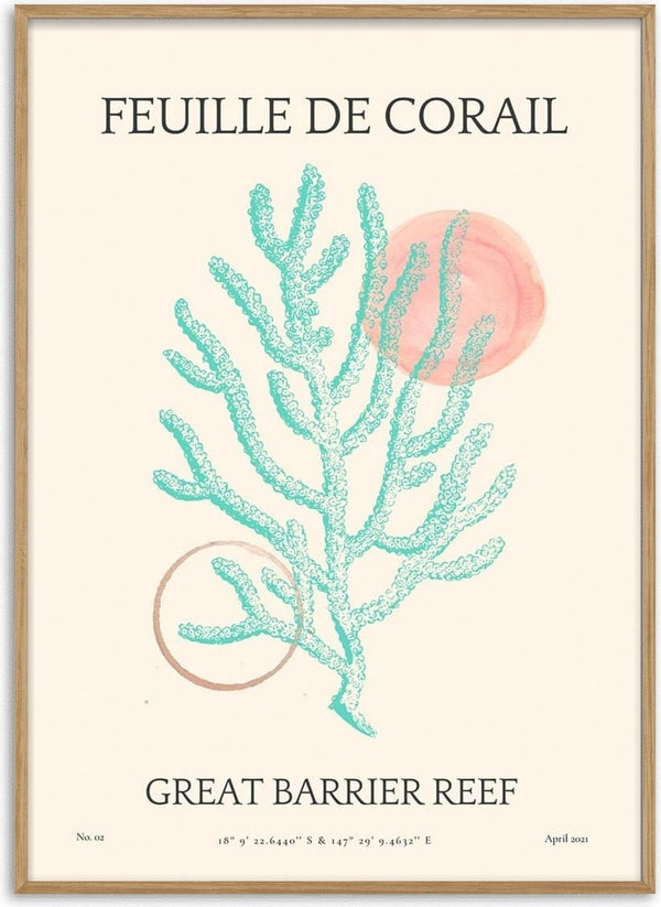 Art print of turquoise coral branches with abstract circles, titled "Feuille De Corail no. 02" for living room decor.
