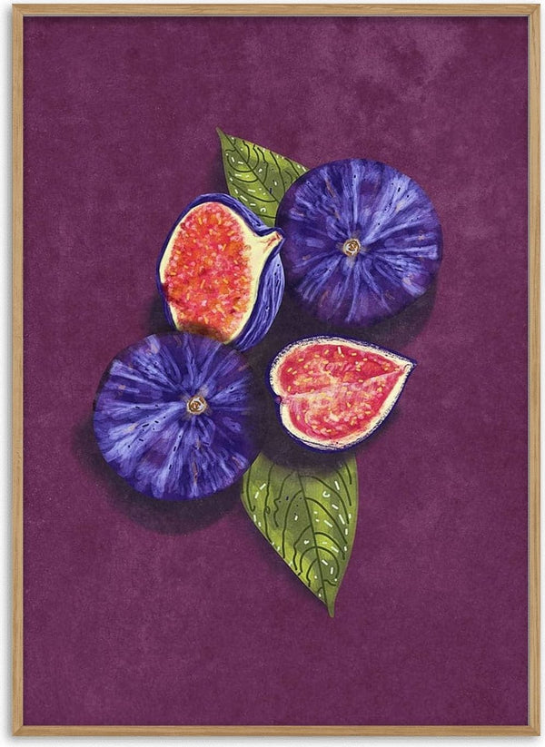 Watercolor still life of whole and halved figs with green leaves on a purple background by Raissa Oltmanns.
