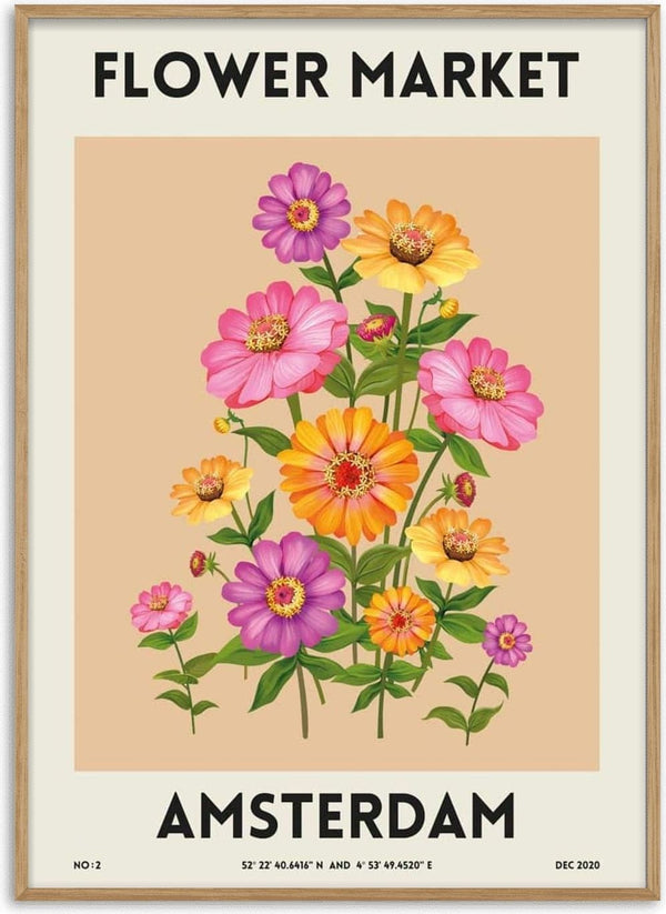 Poster of colorful flowers with "Flower Market" and "Amsterdam" text, promoting flower market in Amsterdam.