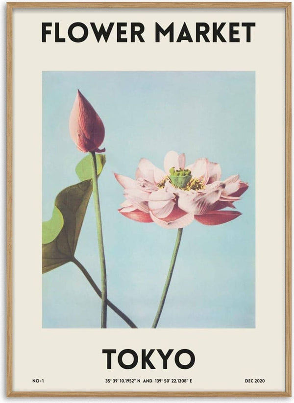 Poster of a pink lotus flower and bud with "Flower Market Tokyo" text on a light background.