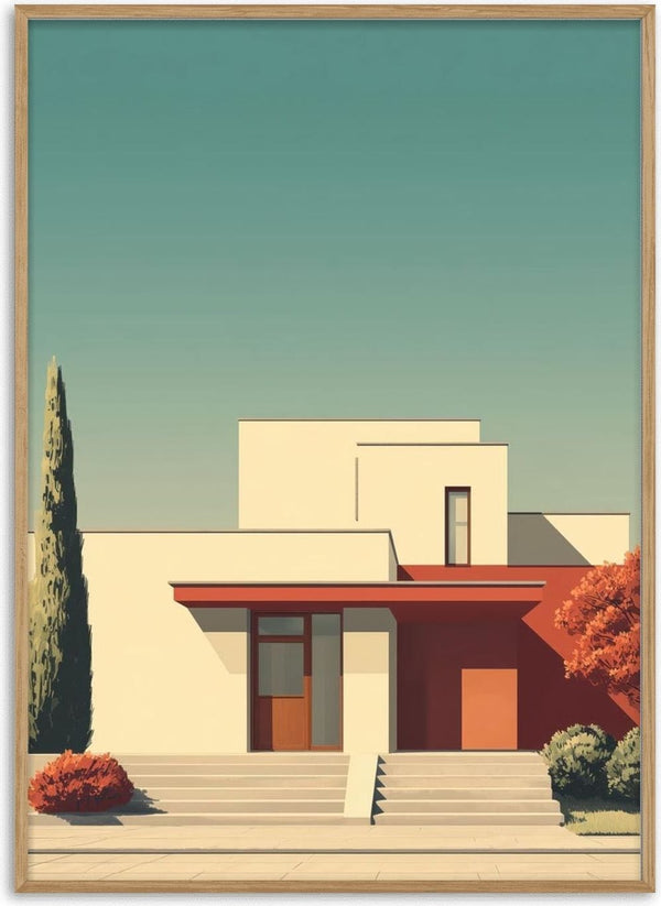 Minimalist modern house with geometric shapes, greenery, and clear sky; Floria Keys by David Wolf album cover.