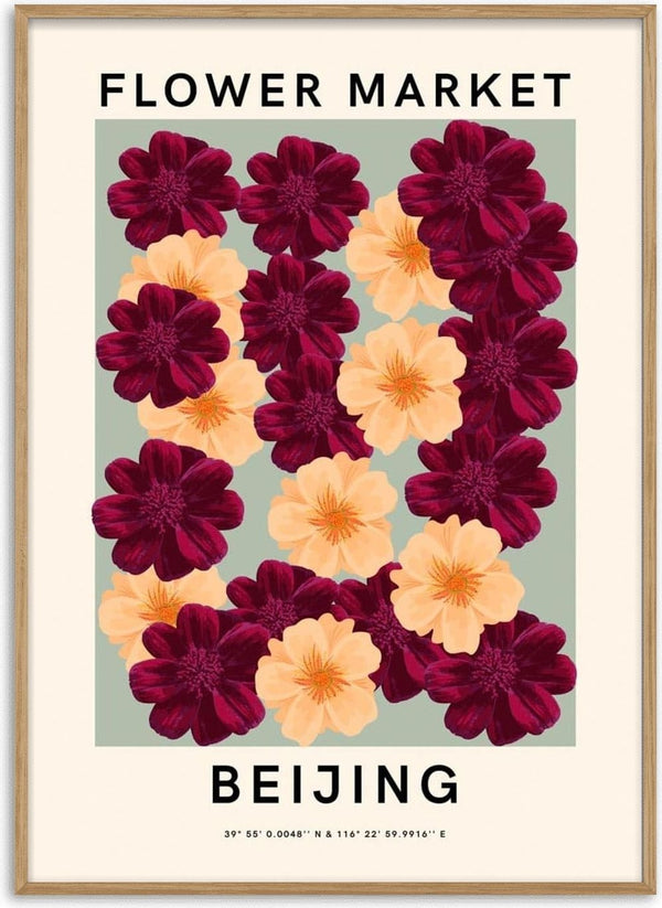 Poster with maroon and yellow flowers, labeled "Flower Market Beijing" in bold black text.