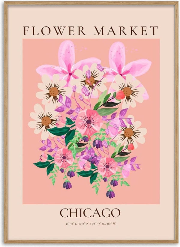 Bouquet of pink and white flowers with green leaves on a peach background, labeled Flower Market Chicago.