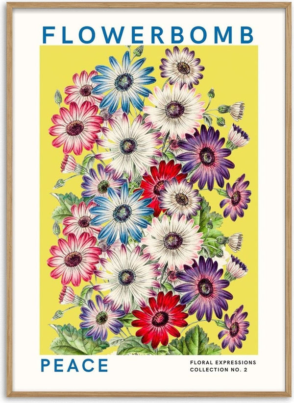 Poster of colorful daisy-like flowers on a yellow background with the text "Flowerbomb Peace" at the top and bottom.