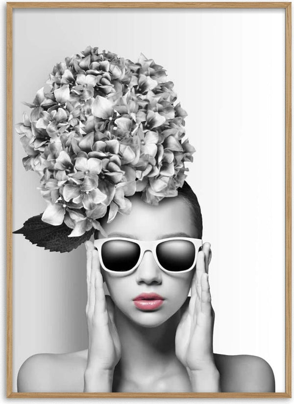 Stylish woman with large flower headpiece and sunglasses on a black-and-white Flowergirl with sunglasses 2 poster.