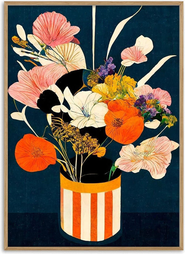 Colorful bouquet of flowers in a striped vase, featured on the Flowers At Night - Treechild product page.