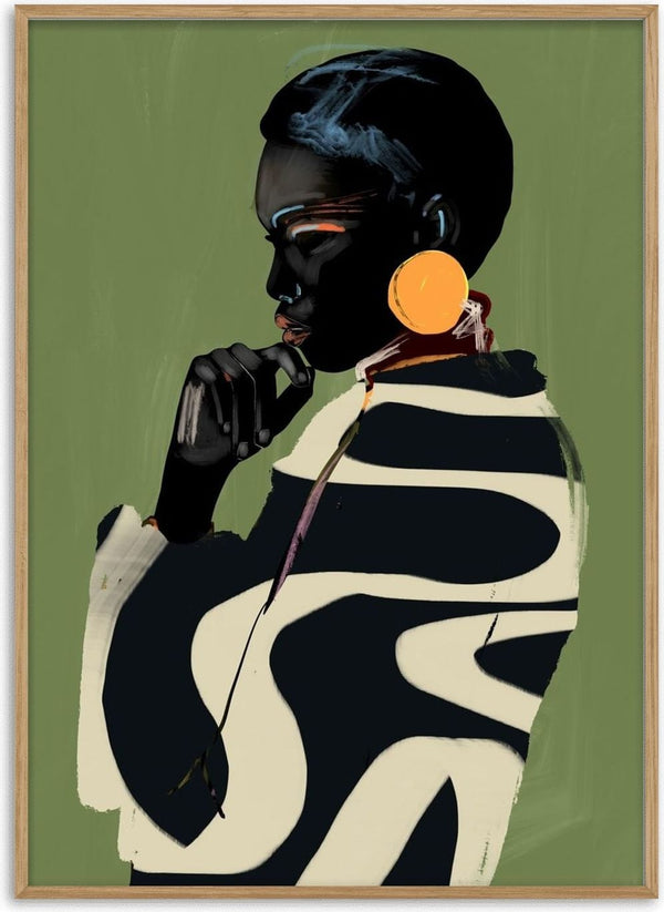 Form and Presence by ThingDesign - a portrait in a swirled coat with an orange earring on olive green