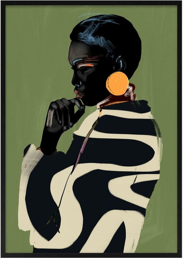 Form and Presence by ThingDesign - a portrait in a swirled coat with an orange earring on olive green