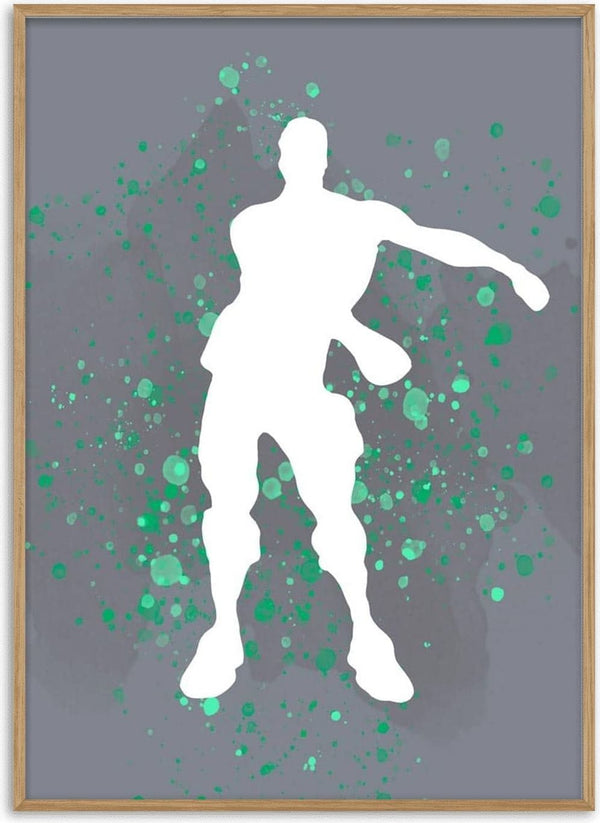 Silhouette of a dancing Fortnite character with green splatter background on the Gamer Plakat poster.