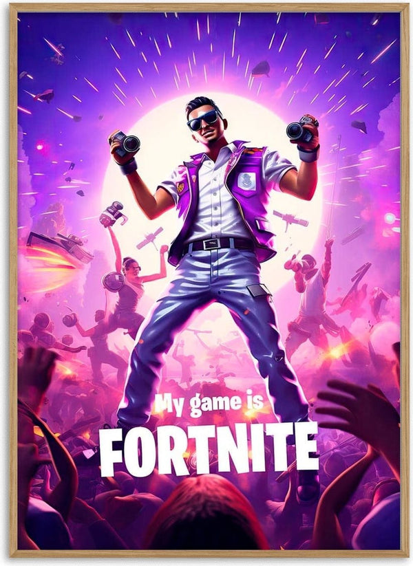 A confident Fortnite gamer in purple attire stands heroically with a crowd and game elements in the background.
