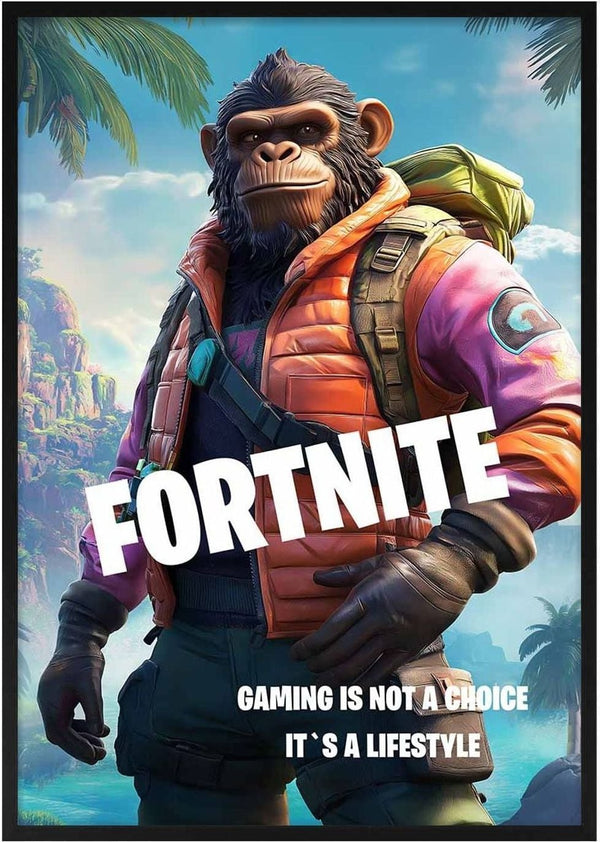 Fortnite Monkey Gamer Plakat featuring a cool monkey in gamer attire with the text "Gaming is not a choice, it's a lifestyle."