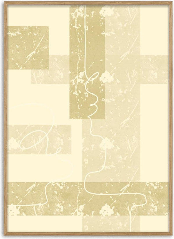 Abstract beige and cream geometric artwork with textured rectangles and thin white lines, titled Fragment Path II - Yuli.