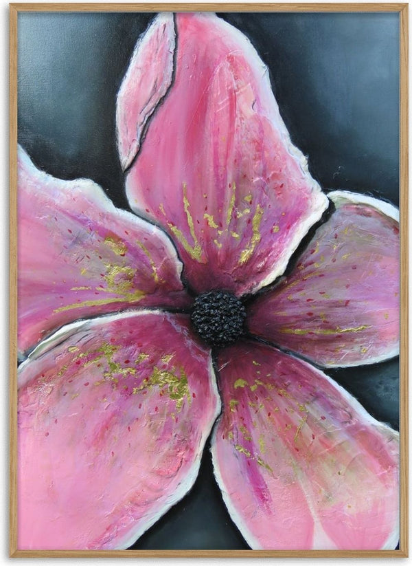 Full Bloom by KG Studio - one magenta and white flower flecked with gold leaf on a charcoal ground