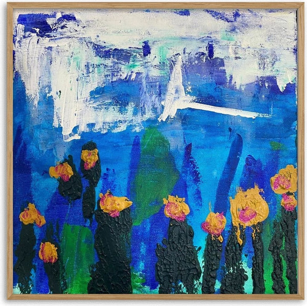 Garden by Maria-Tia - dark stems with orange and pink blooms against bright blue and white