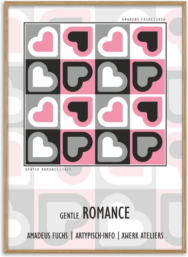 Gentle Romance - Priority Signal by Amadeus Fuchs - sixteen hearts in a grid in pink, black, white and grey