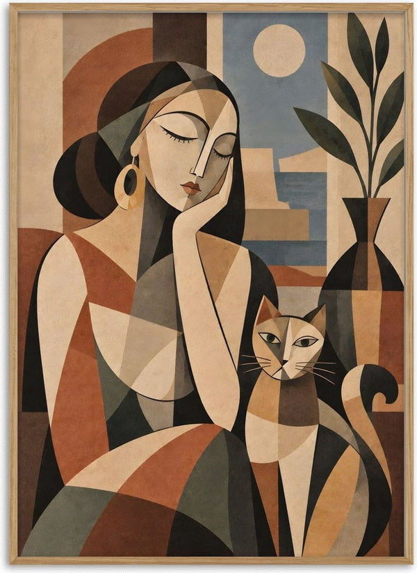 Geometric Woman & Cat – Earthy Cubist Harmony by TimlessArtworks - cubist woman with cat by a moonlit window