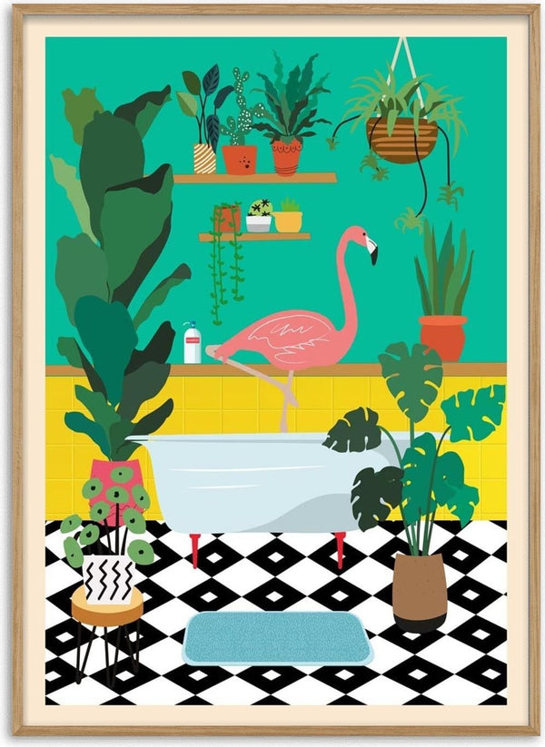 Illustrated wallchart of a flamingo at a bathtub, surrounded by lush houseplants in a colorful bathroom.